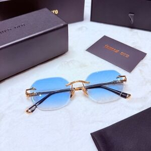 James Oro Rimless Oval Blue Gradient Lens Sunglasses Gold Frame